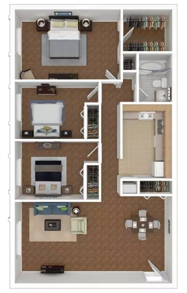 Floor plan for 3 beds, 1 bath, 1039 sqft